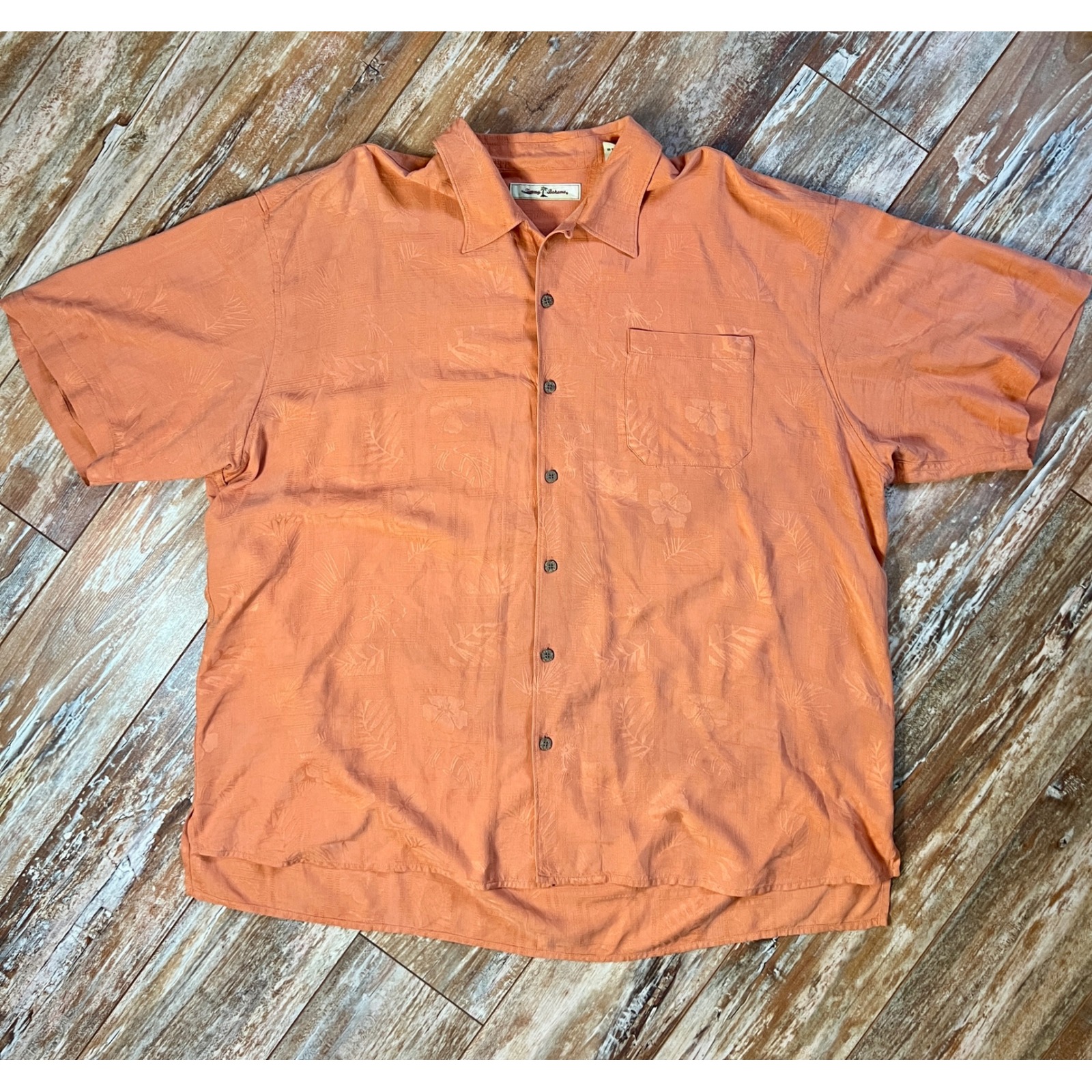 Tommy Bahama Mens Xxl Coral Orange 100% Silk Tropical Jacquard Camp Shirt S/S